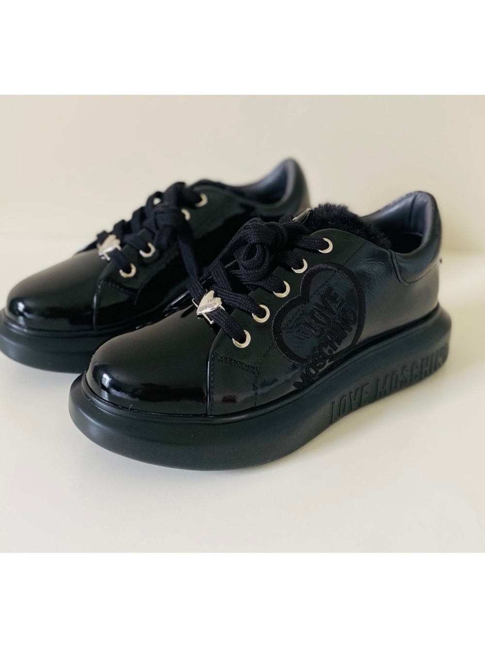 Love Moschino Faux Fur Black Patent Leather Heart Detail Sneakers Sz 36-US 6